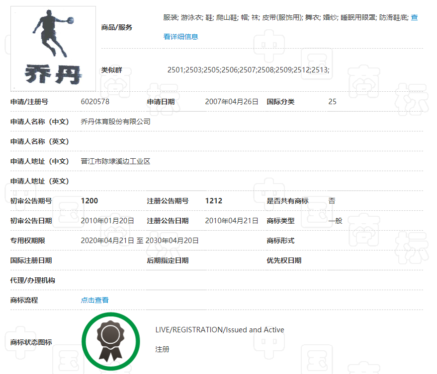 乔丹体育商标注册